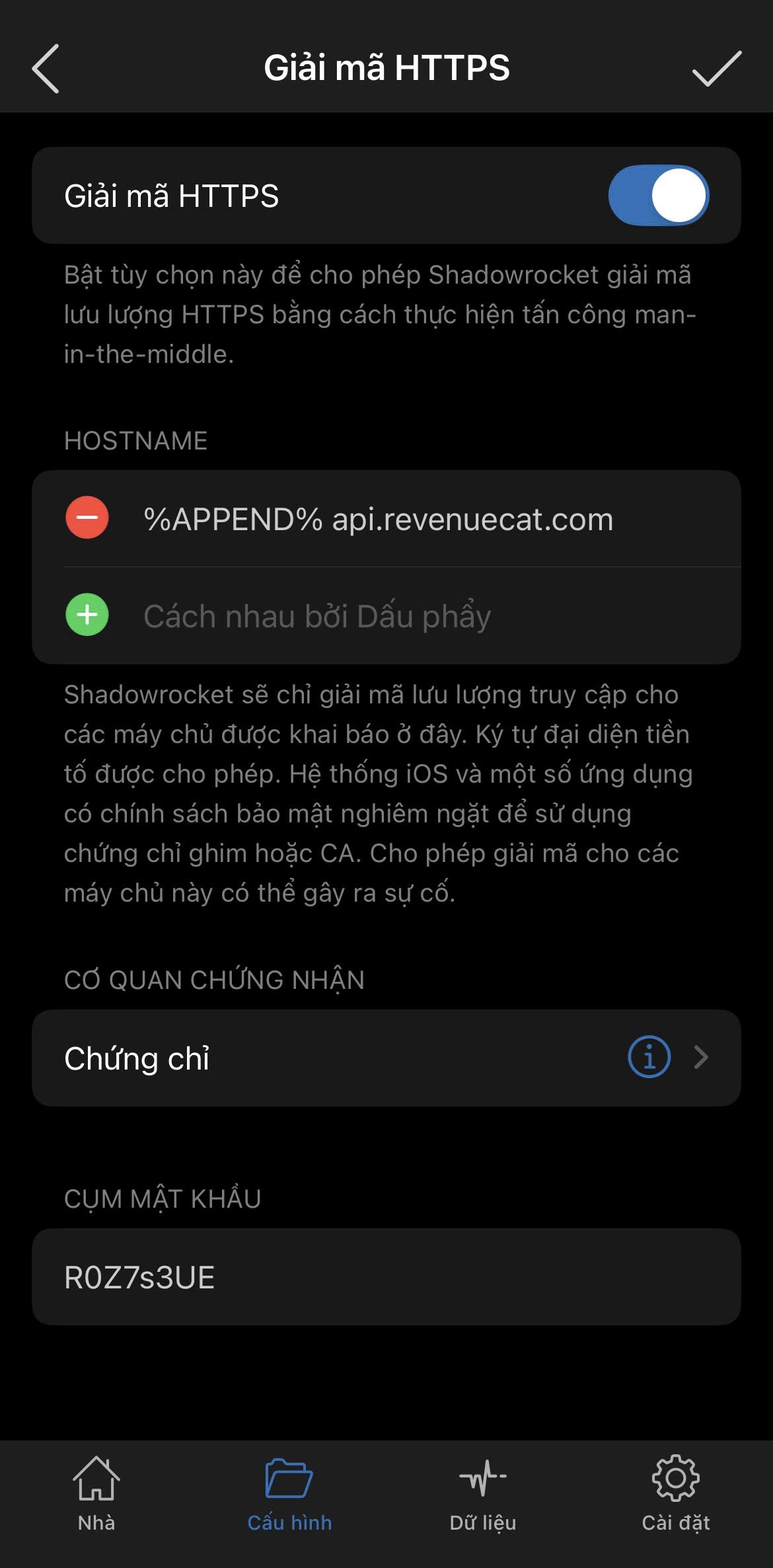 Ảnh mẫu GOLDFIX2 hiển thị Shadowrocket đã bật